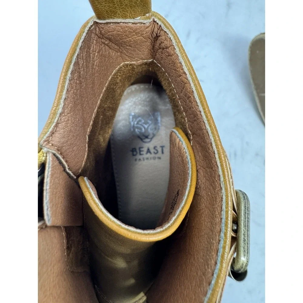 🔥Beast Fashion Sz🚨 6 Tan Ankle Boots 4-Strap Multi Buckle Studded Moto Booties